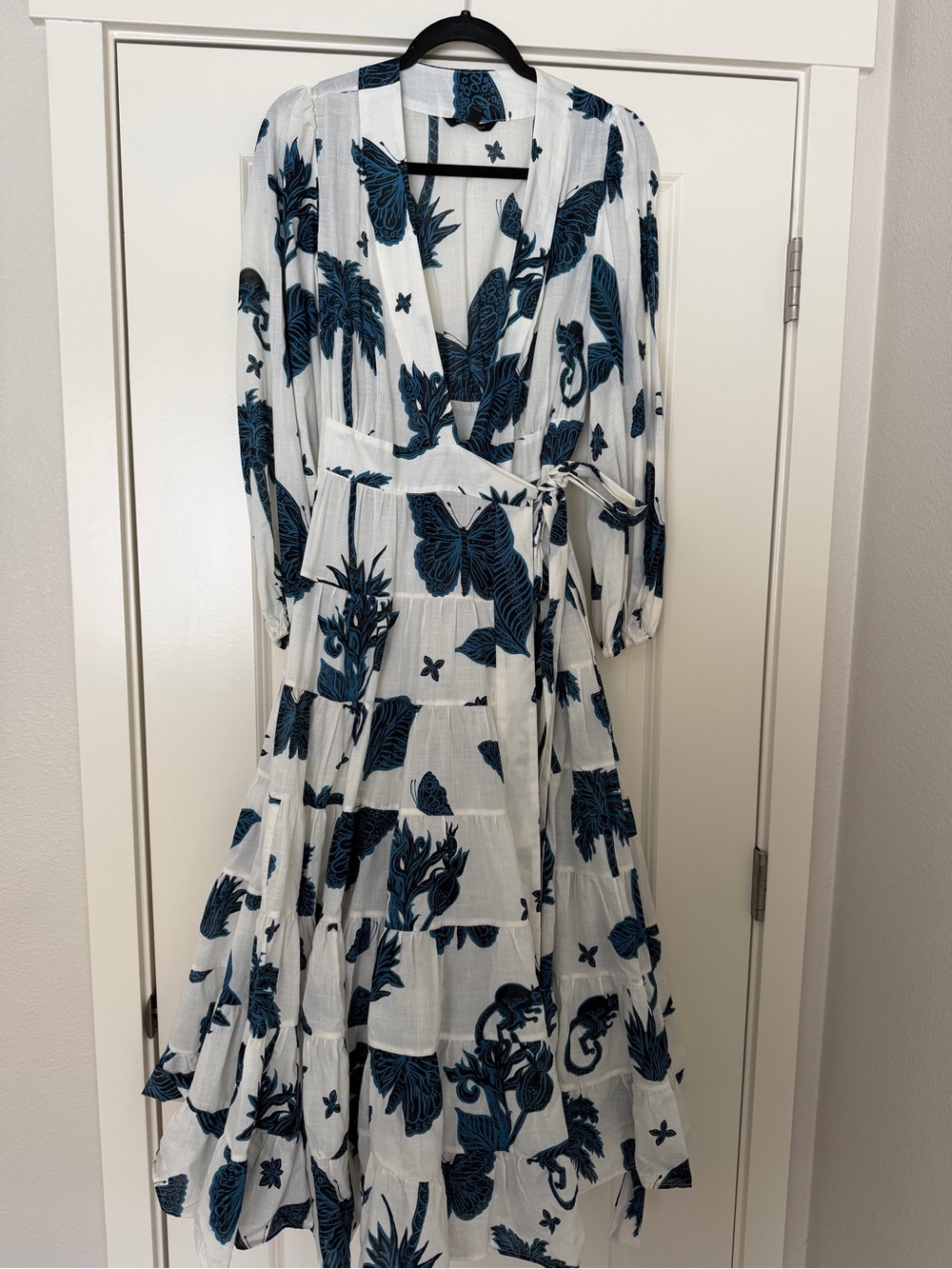 Banana Republic White Maxi Wrap Dress with Navy Blue Floral Print